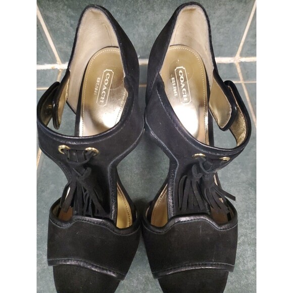 COACH Tristen Turnlock Heels Black Nubuck Leather Tassels Peep Toe Gold Hardware - Picture 2 of 7